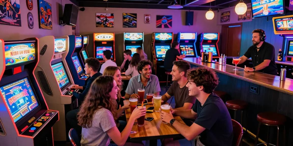 Pengunjung menikmati permainan slot gacor di bar arcade yang penuh warna.
