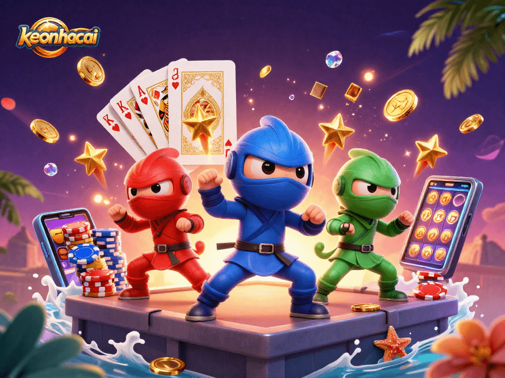 Engage with keonhacai's vibrant casino scene featuring a chameleon ninja team amidst golden coins and poker chips.