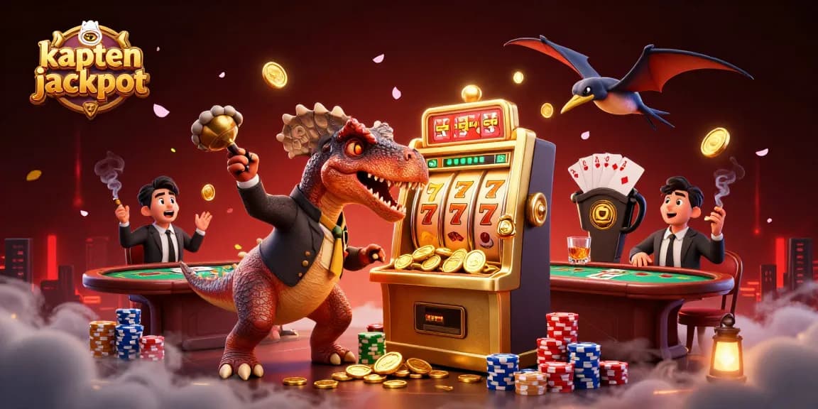 kaptenjackpot wins as a dinosaur hits a slot machine while gold coins fly through the air