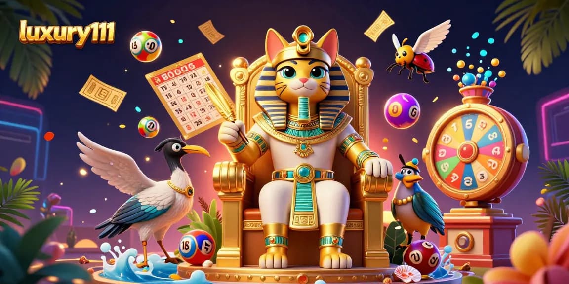 Experience luxury111's vibrant gambling thrills with the Egyptian pharaoh cat amidst colorful lottery elements.