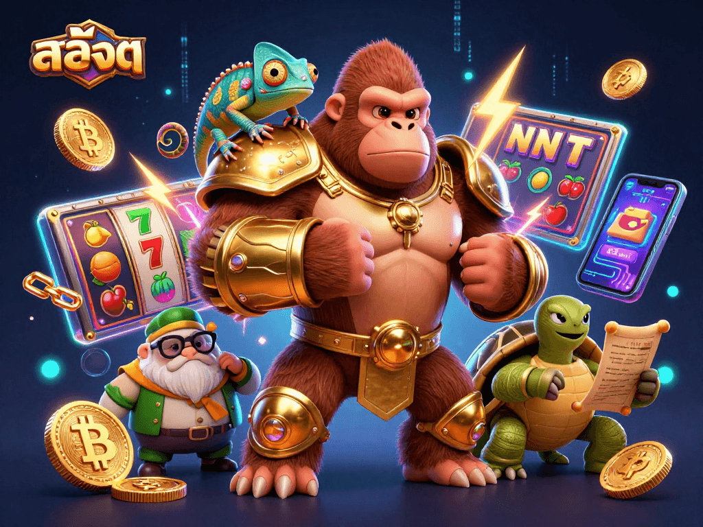 Spin the สล็อต reels with a powerful gorilla king and colorful crypto elements in a packed casino scene.