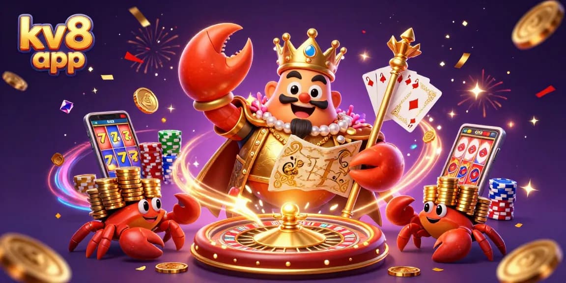 Experience the thrill at kv8 app with a vibrant 3D casino scene featuring a golden crab emperor.