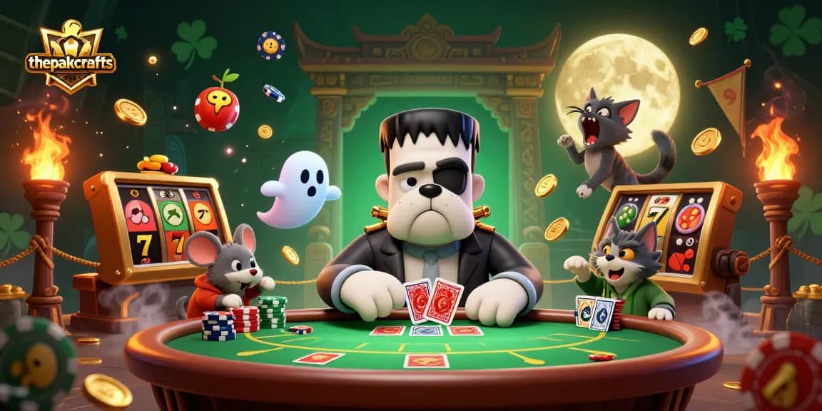 thepakcrafts showcases a lively poker scene with a Frankenstein bulldog dealer, enhancing gaming excitement
