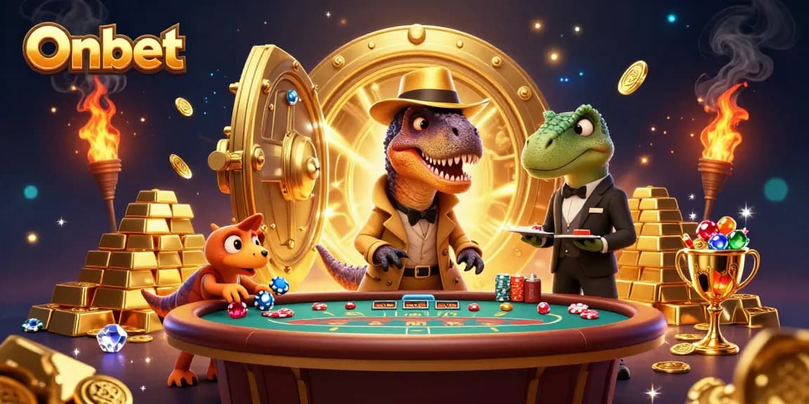 Experience thrilling gameplay at Onbet with a velociraptor at a blackjack table, surrounded by casino treasures.