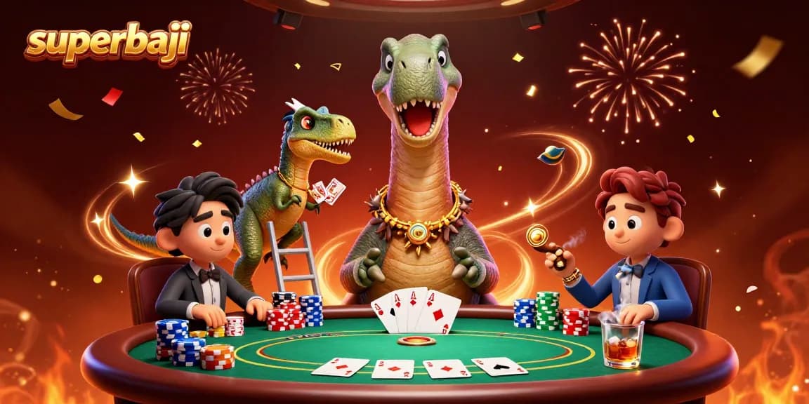 Experience superbaji with a vibrant 3D casino scene displaying animated characters and poker action.