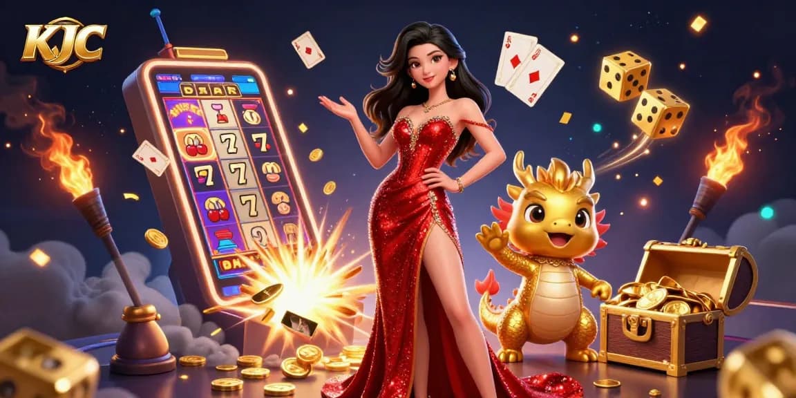 KJC showcases a stunning illustration of an Asian woman in a glamorous gown welcoming viewers to an exciting casino experience.
