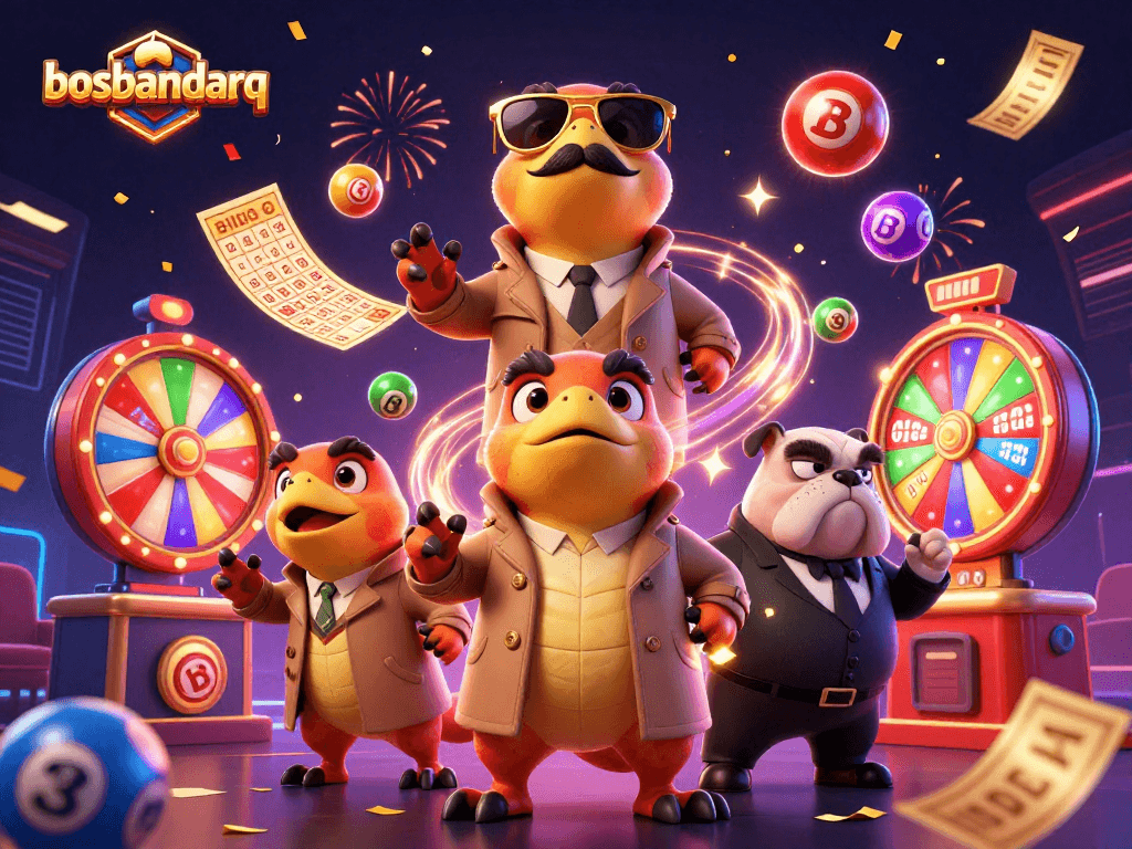 Play exciting games at bosbandarq while colorful lottery balls bounce dynamically around cartoon raptors in a casino scene