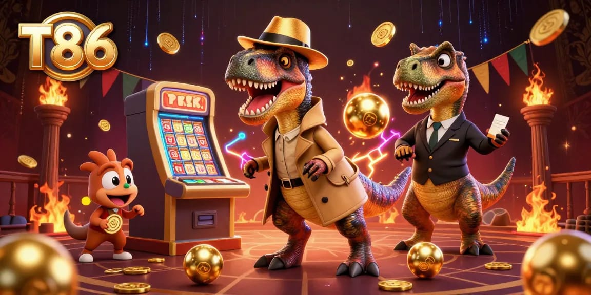 Try your luck at T86 lottery with animated characters creating a vibrant gaming scene.