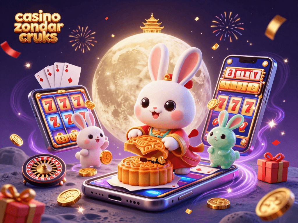 Menang di casino zonder cruks dengan ilustrasi 3D karakter kelinci bulan dan elemen permainan.