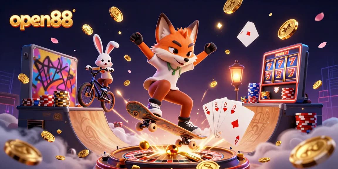 open88 showcases a vibrant scene of a skateboarder fox and BMX rabbit amid swirling coins and casino elements.