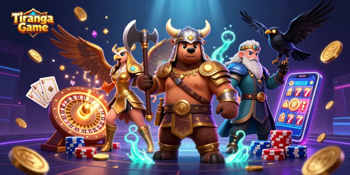 Tiranga Game features a dynamic 3D scene with Viking bear and Valkyrie eagle in a casino environment.
