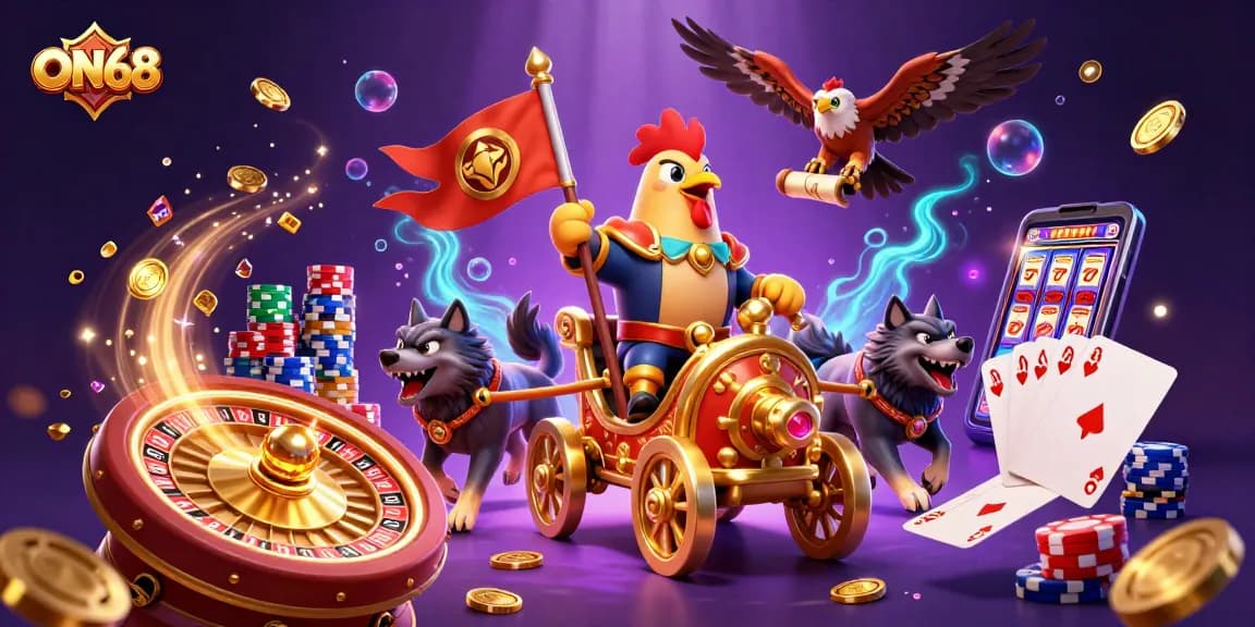 Bet on ON68 with the rooster warlord commanding riches in this dynamic casino scene.