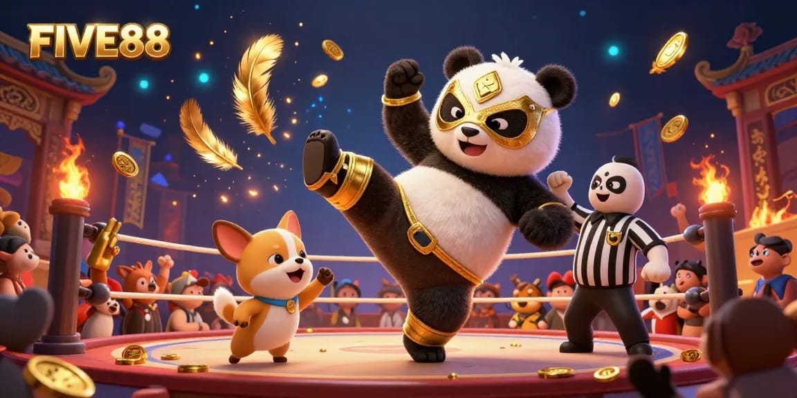 FIVE88 betting scene showcasing a panda wrestler in action with various gambling elements