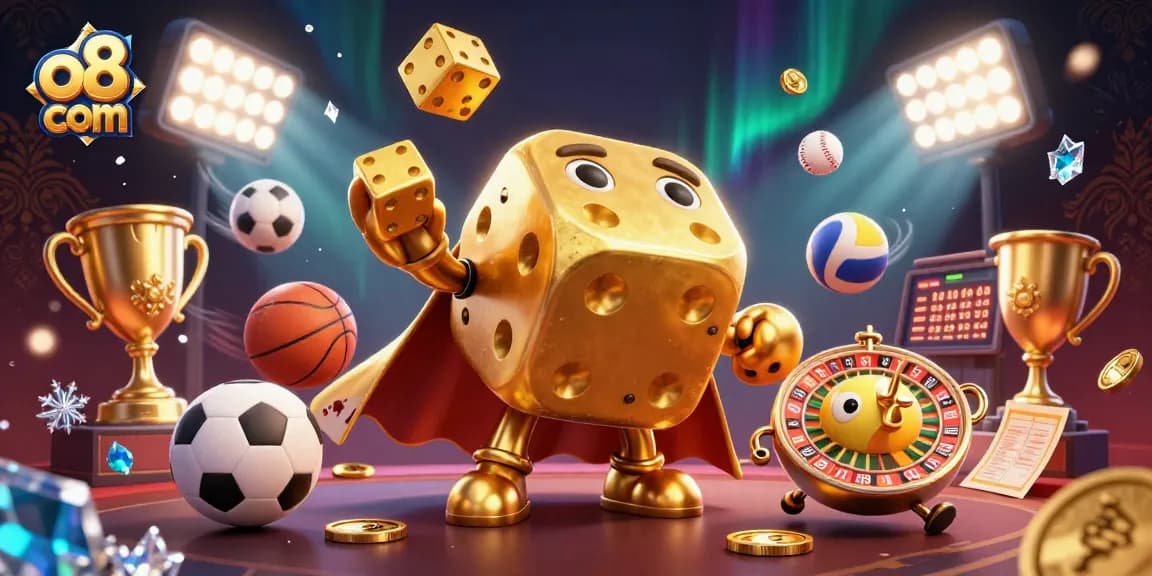 Engage with thrilling action on o8 com, featuring a 3D golden dice golem surrounded by energetic sports elements and vibrant casino atmosphere.