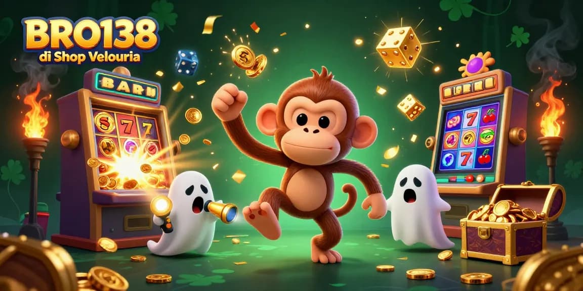 Experience thrilling slots at BRO138 di Shop Velouria with a playful poltergeist monkey juggling golden treasures.