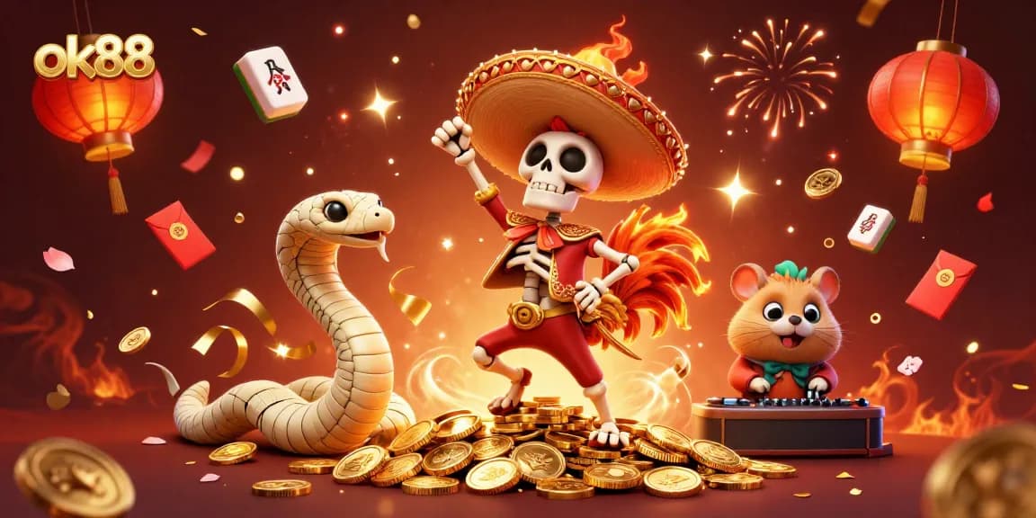 Invite excitement with ok88 in vibrant casino-themed illustration featuring dynamic characters and festive elements.