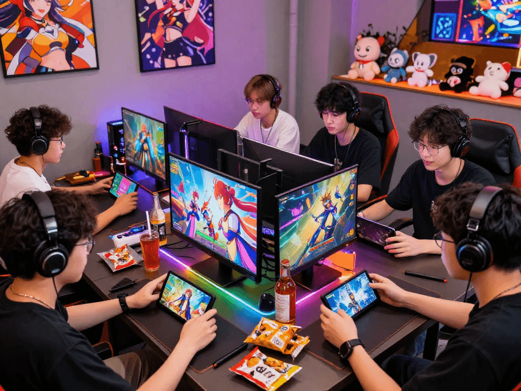 Exciting scene of players enjoying hentai games on mobile devices, with colorful anime graphics and a vibrant gaming atmosphere.
