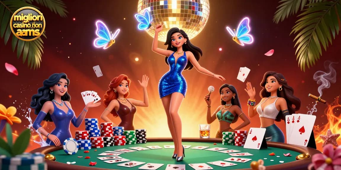 Migliori casinò online non AAMS che mostrano una vivace scena di casinò 3D con personaggi glamour ed elementi dinamici di poker.