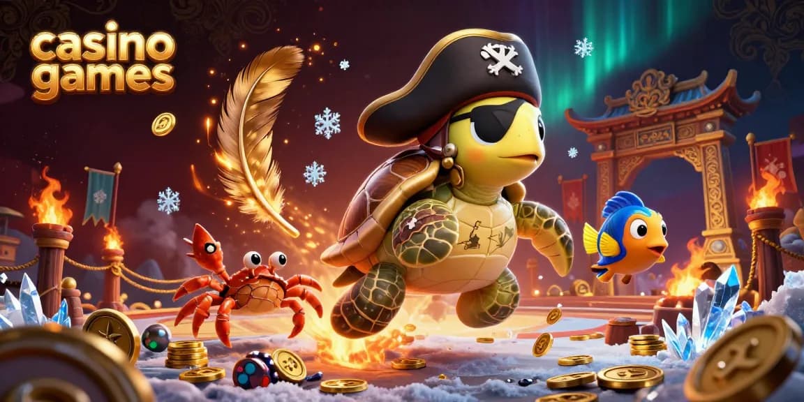Engaging scene of casino games with a turtle, crab, and fish among treasure.