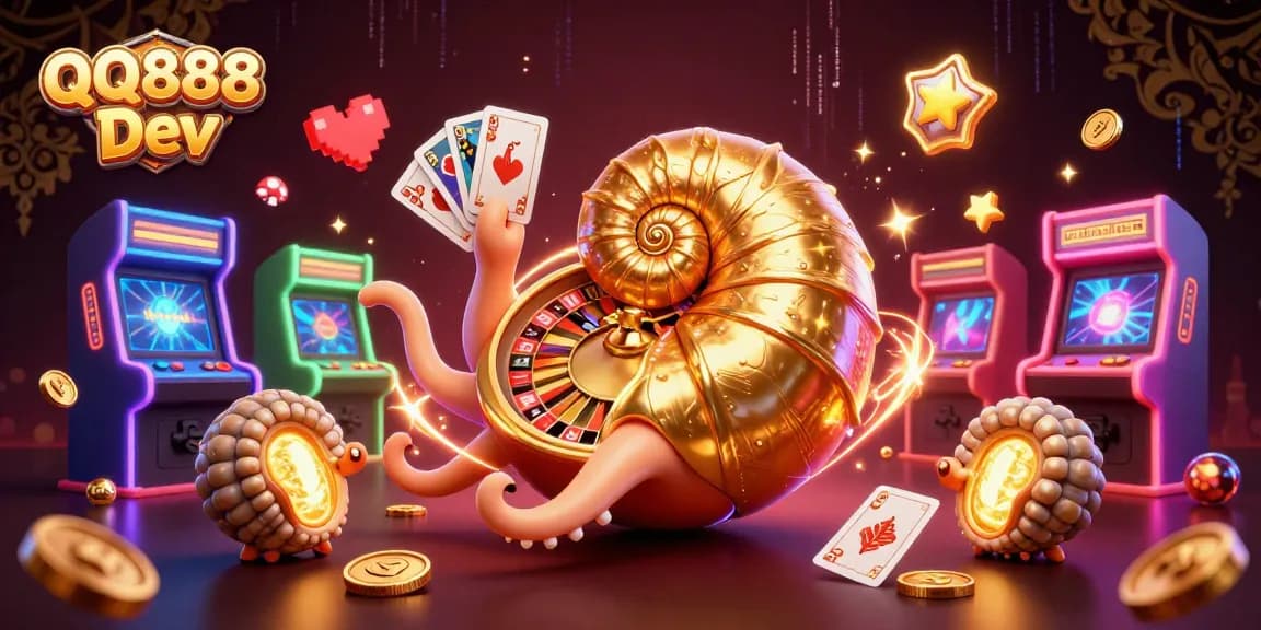 Engage with QQ888 Dev through an exciting 3D illustration of a nautilus roulette wheel amidst vibrant casino elements.