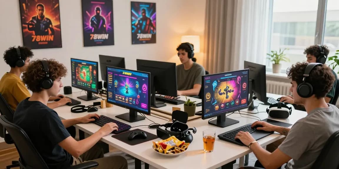 Engaging players immersed in 78ưin online gaming platform at cozy home office.