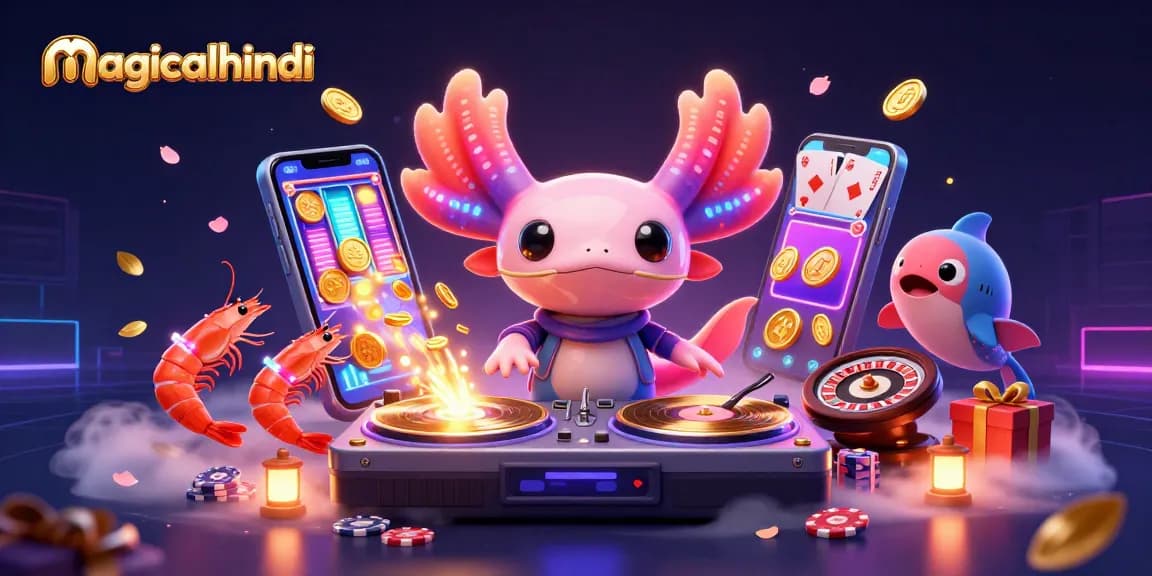 Engage with magicalhindi's vibrant axolotl DJ spinning gaming excitement, surrounded by dynamic casino elements.