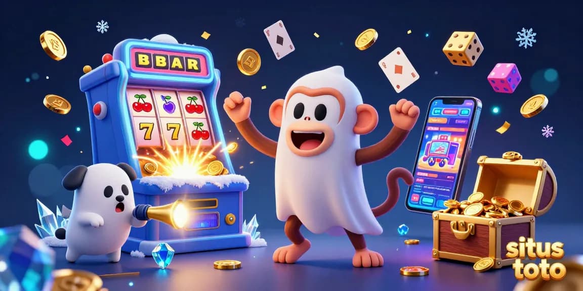Experience the thrilling action of situs toto with a mischievous monkey juggling golden coins amidst an explosive casino atmosphere.