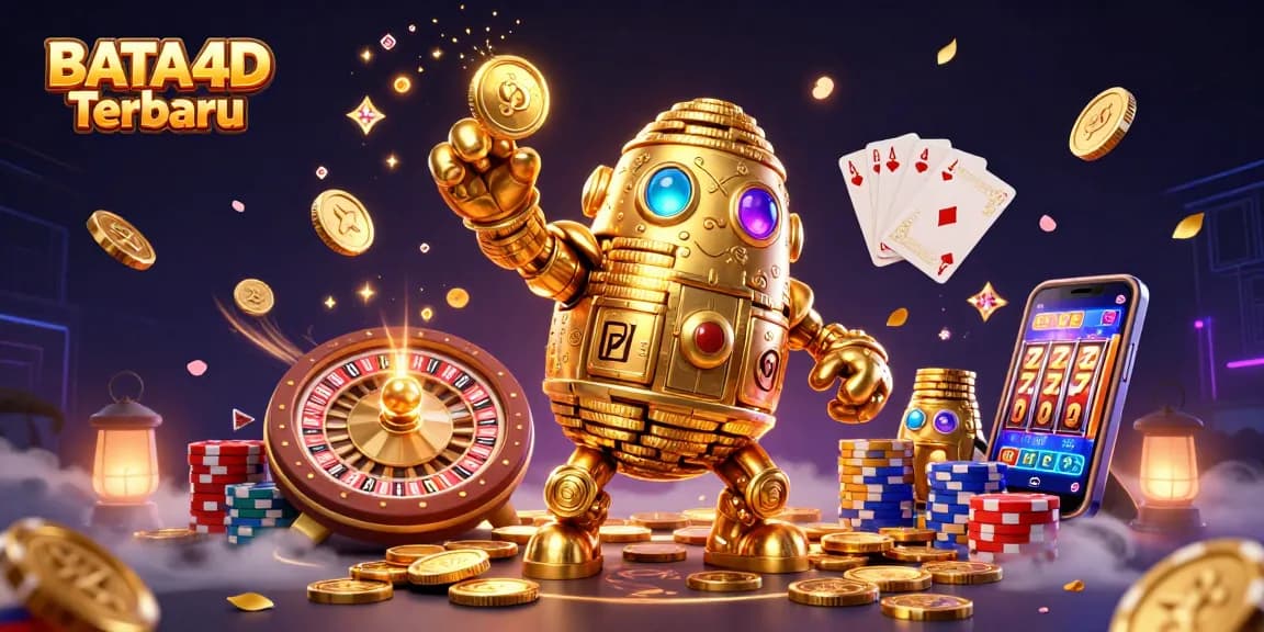 Gambarkan momen menarik di BATA4D Terbaru dengan golem emas berkilau dan simbol mesin slot berputar.