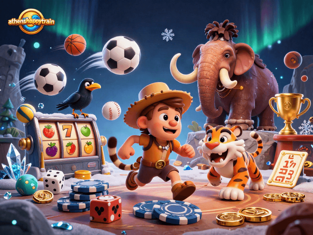 Experience thrilling games at athenshappytrain with a lively prehistoric casino scene featuring competitive elements.