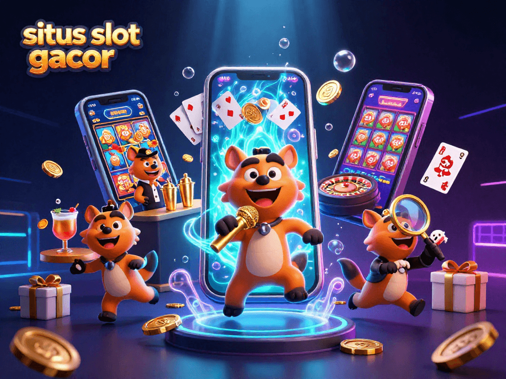 Experience thrills at a situs slot gacor casino with vibrant hyenas in a lively gaming scene.
