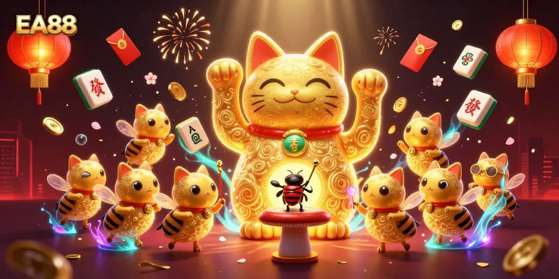 EA88 showcases a giant lucky cat symbolizing luck amid vibrant casino elements and golden fireflies.