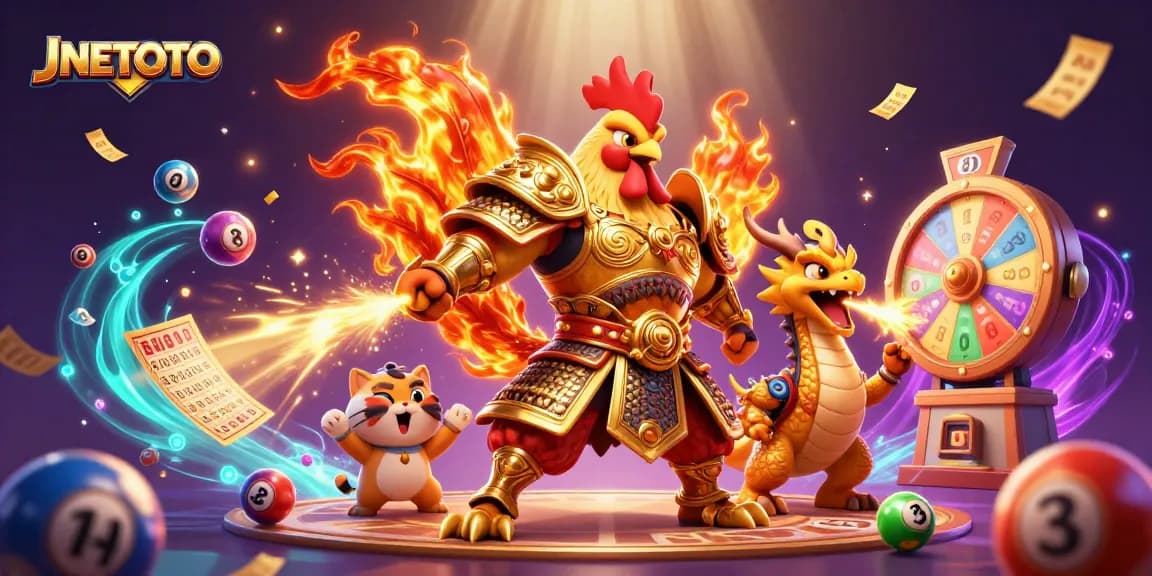 JNETOTO menampilkan ilustrasi dinamis dengan karakter ayam jantan berperang dan naga, serta elemen jackpot yang menarik.