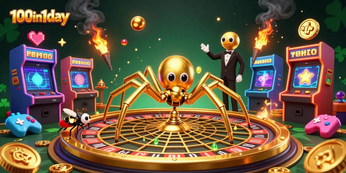 Engaging 100in1day scene with a fly betting at a roulette wheel web spun by a golden spider.