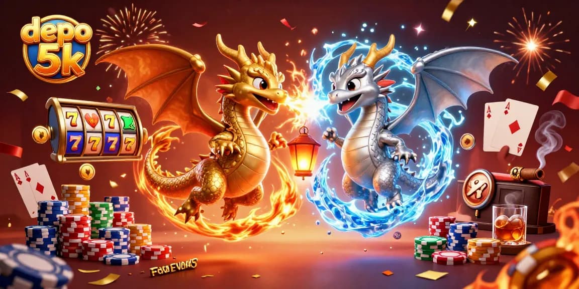 Slot depo 5k membawa keberuntungan dengan naga dan simbol judi mengelilingi layar.