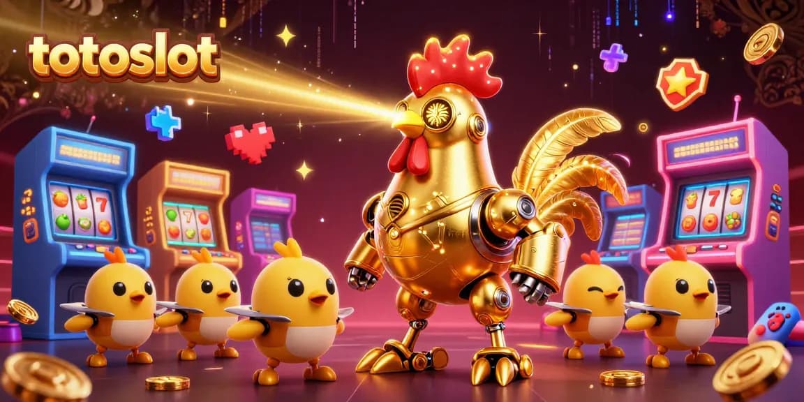 Totoslot's vibrant 3D scene features a golden rooster robot and baby chick drones amidst arcade slot game elements.