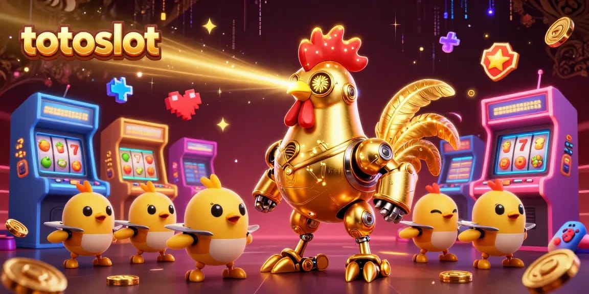 Totoslot's vibrant 3D scene features a golden rooster robot and baby chick drones amidst arcade slot game elements.