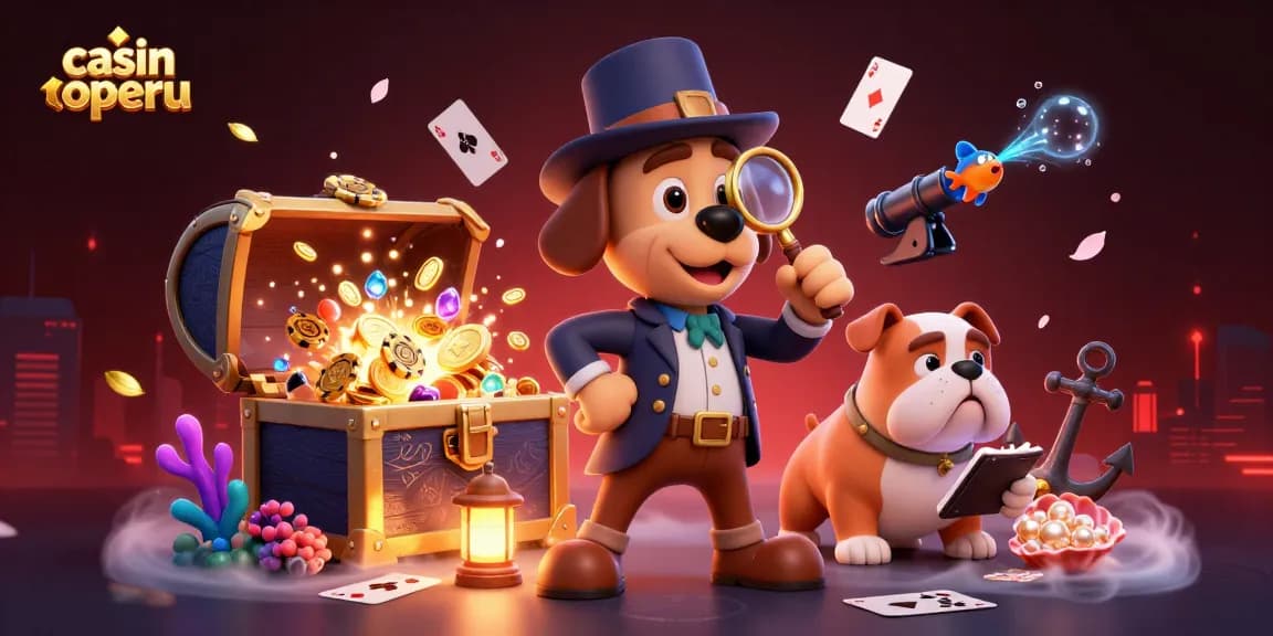 Experimenta la emoción de casinoperu buscando pistas de juego y tesoros en una ilustración vibrante.