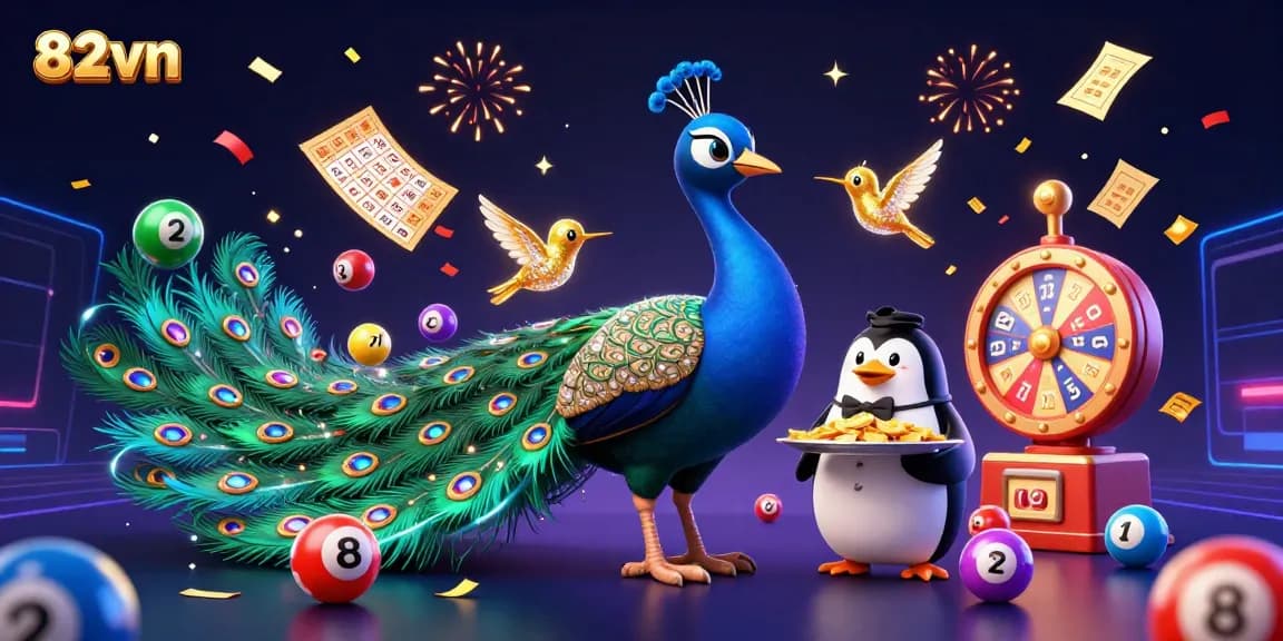 Win thrilling prizes at 82vn with a vibrant illustration of a peacock, penguin, and a hummingbird.