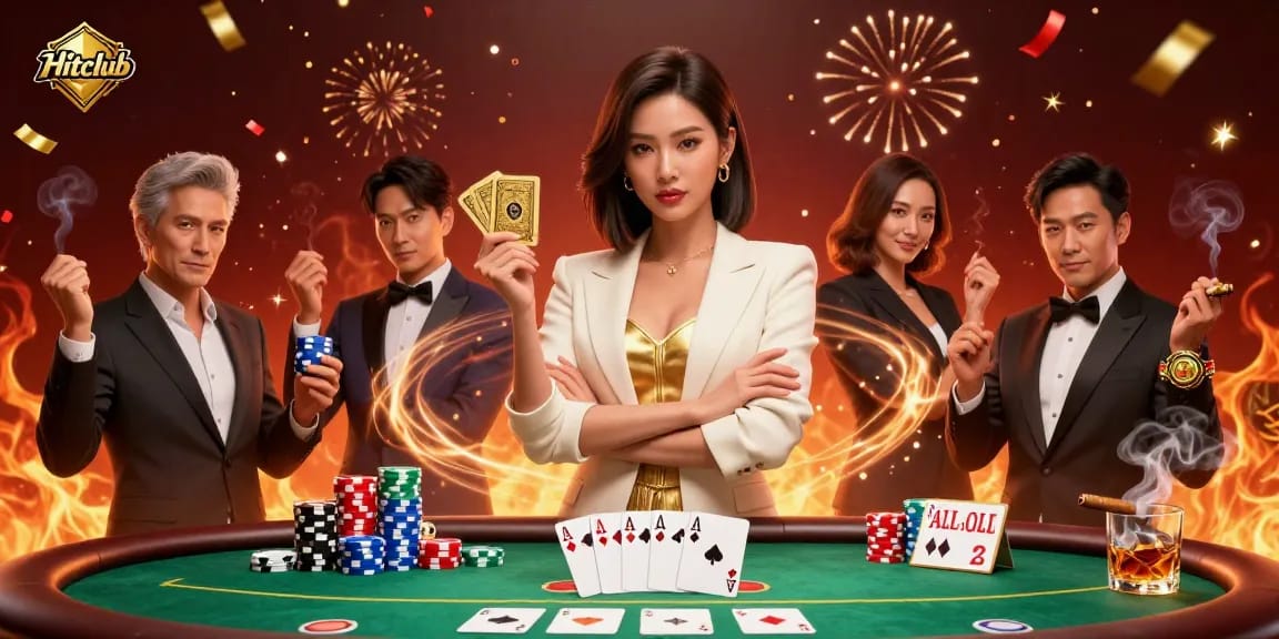 Hitclub showcases a powerful business-woman holding poker cards in an energetic casino atmosphere.