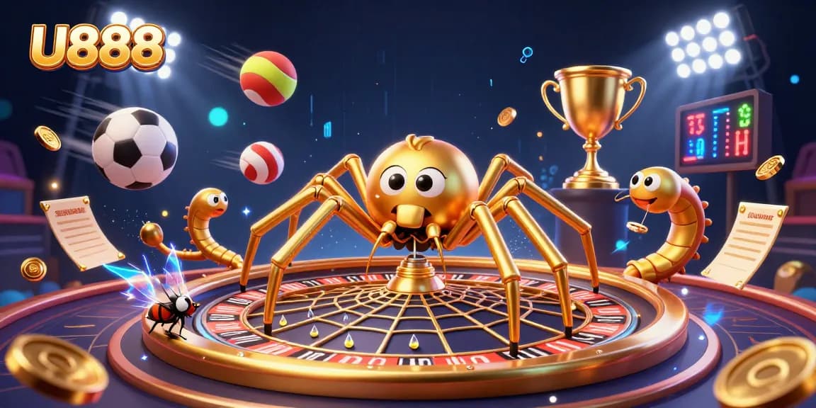 U888 captures the excitement of sports betting with a dynamic casino illustration featuring lively characters.