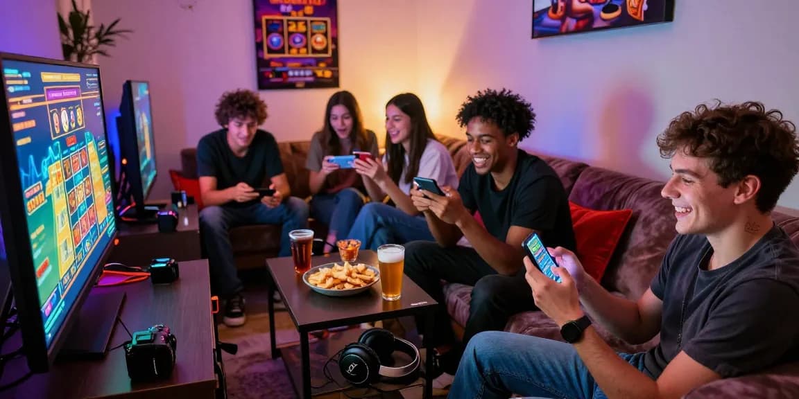 Excited friends playing casino games on smartphones, click here to join the fun!