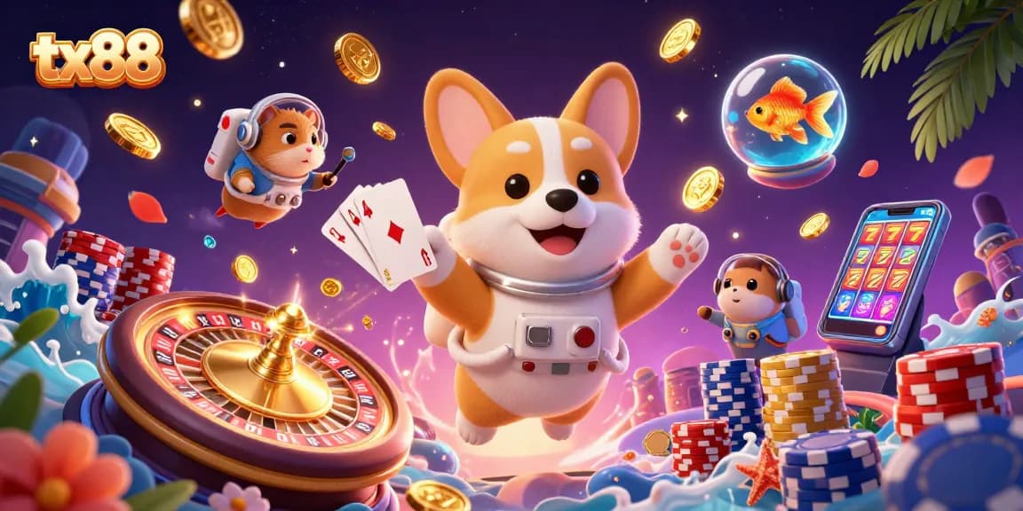 Experience thrilling gambling adventures with tx88 as cartoon characters float in a space station casino.