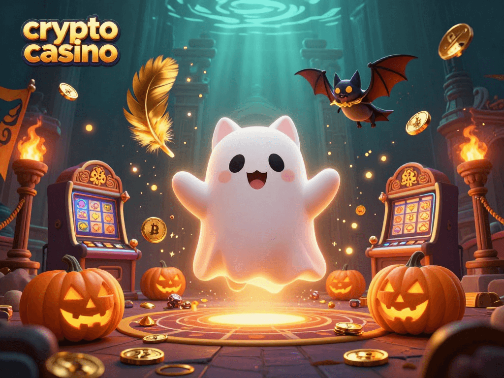 Experience the thrill of a crypto casino with a ghost cat and vampire bat amidst slot machines and glowing tokens.