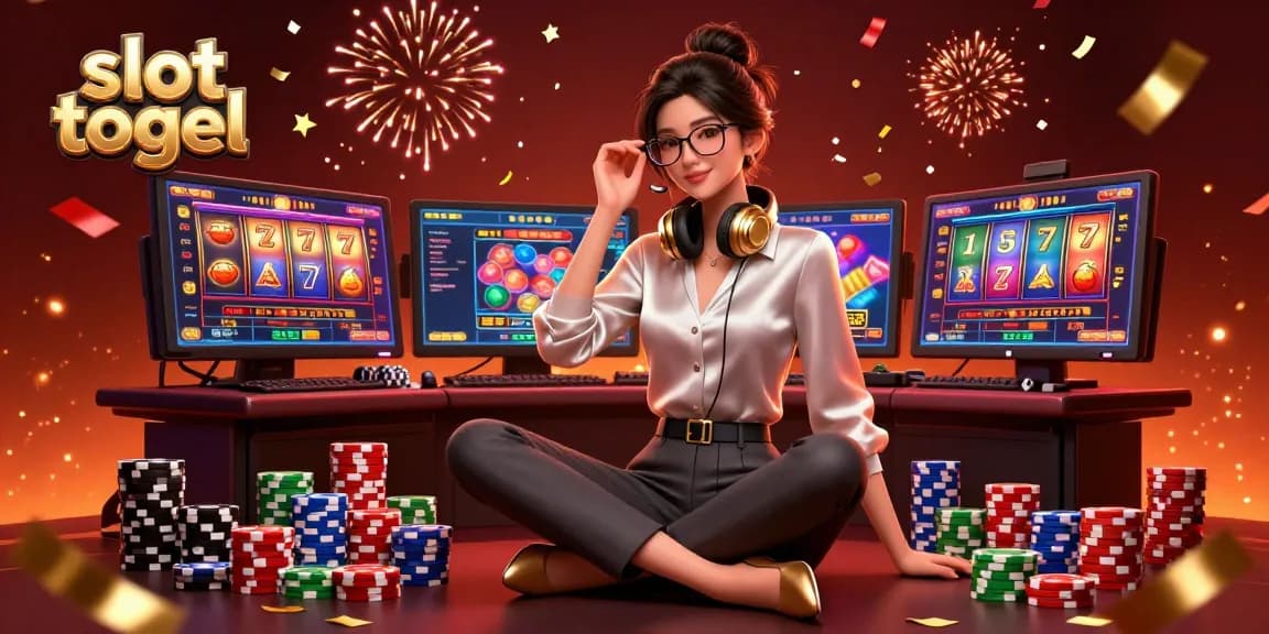 Engage with slot togel excitement in a vibrant 3D gaming atmosphere featuring an Asian woman at a high-tech setup.