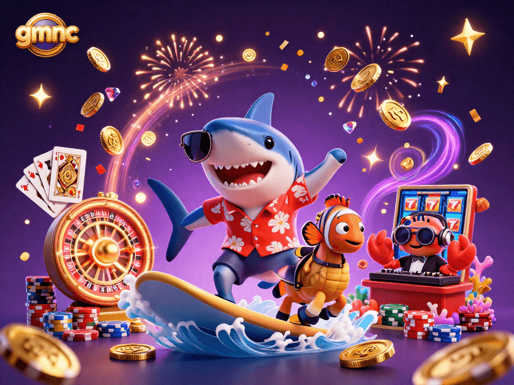 Experience gmnc's vibrant casino world with a shark surfing on gold coins amidst colorful game elements.