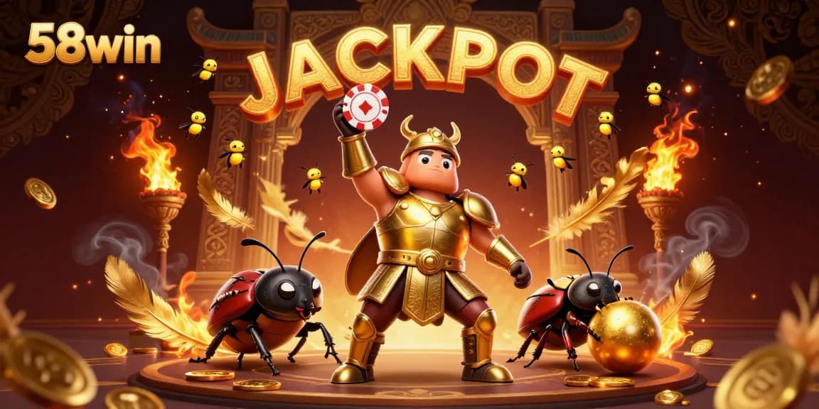 Experience thrilling wins at 58win, illustrated with a victorious beetle and dazzling jackpot scene.