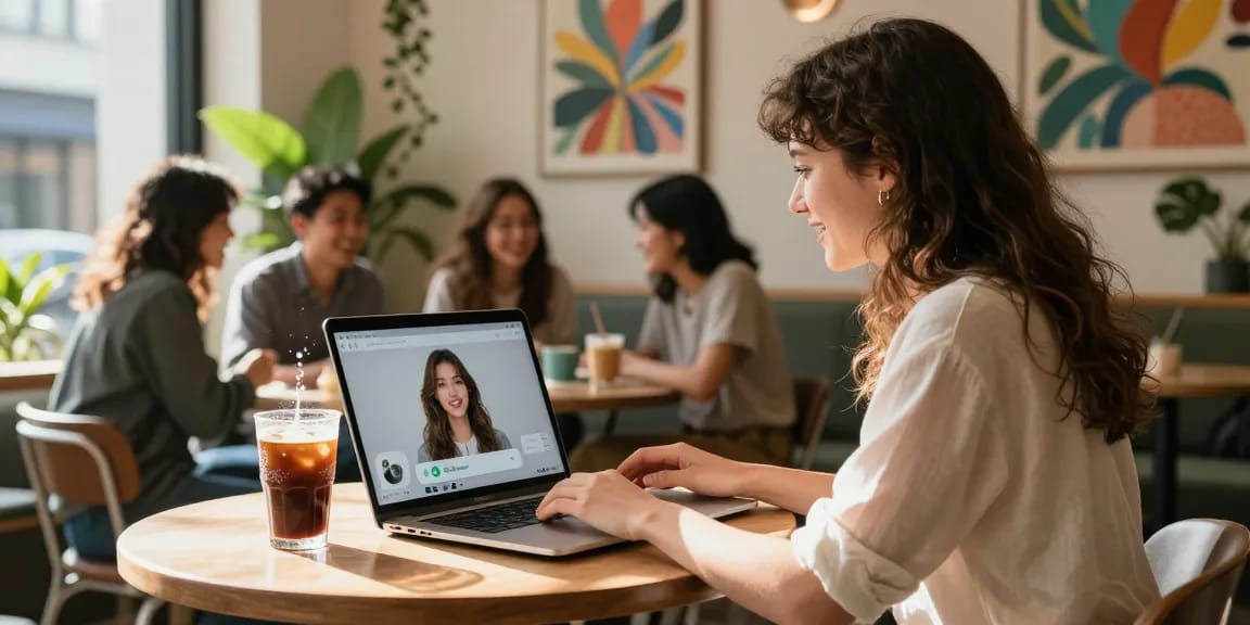 Young woman interacting with her AI girlfriend chatbot in a cozy café setting, capturing the essence of modern relationships.