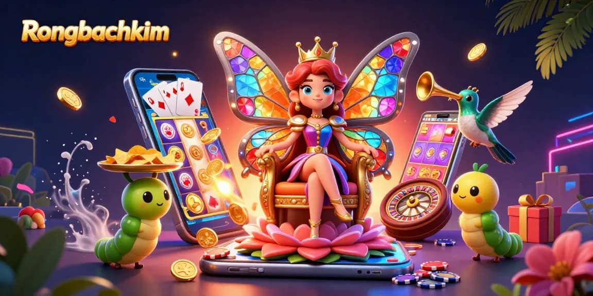 Engage with Rongbachkim's vibrant casino experience featuring a butterfly queen, colorful slots, and dynamic gameplay.