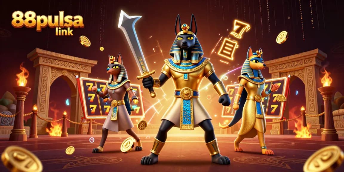 A vibrant 3D digital scene showcasing Anubis and Bastet amid slot symbols, highlighting the 88pulsa link for an engaging gaming adventure.