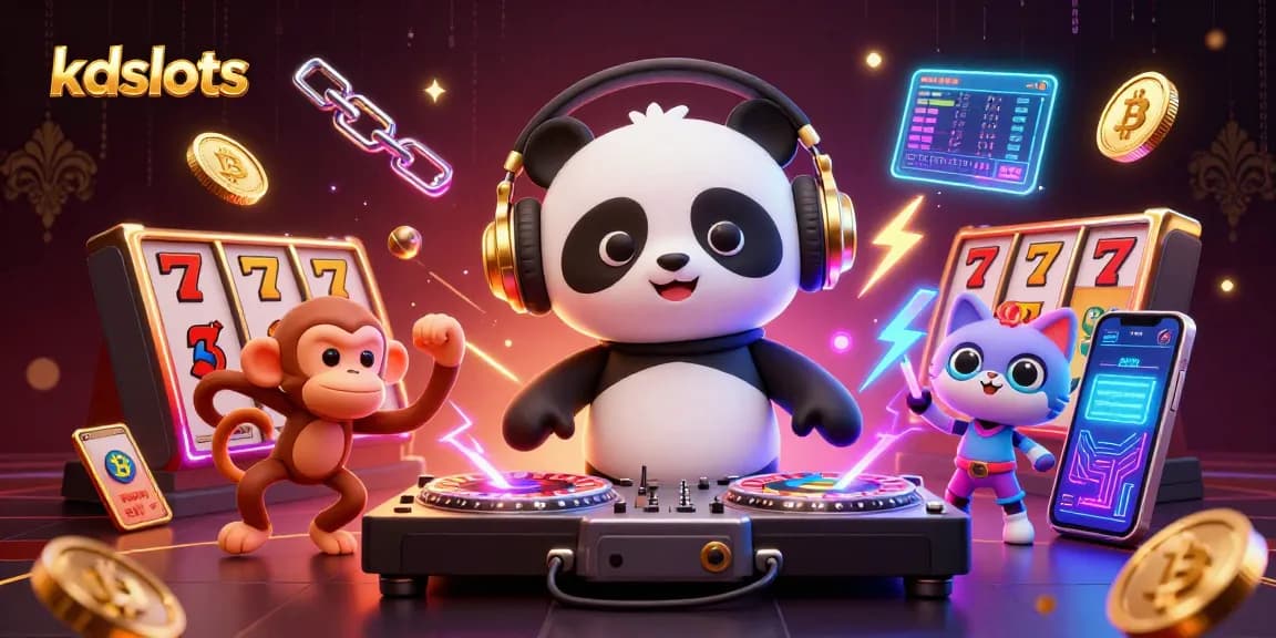 KDslots energizes the gaming scene as DJ panda spins and characters dance among glowing slot reels.